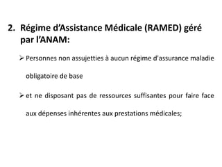 2. Régime d’Assistance Médicale (RAMED) géré
par l’ANAM:
Personnes non assujetties à aucun régime d'assurance maladie
obligatoire de base
et ne disposant pas de ressources suffisantes pour faire face
aux dépenses inhérentes aux prestations médicales;
 