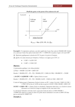 [Cours de Techniques Financières Internationales] TALEB Lotfi
Profil des gains et des pertes d’un acheteur de call
Exemple1 : Un importateur américain a une dette exigible dans 6 mois d’une valeur de 100.000 GBP. Il décide
de se couvrir par l’achat d’une option d’achat dont le PE = 1.5680USD et la prime est égale à 2.6 cents/GBP
1) Représenter graphiquement en fonction du CFC les gains et les pertes de l’entreprise
2) Quelle est la somme décaissée par l’entreprise à l’échéance si on suppose que le CFC est :
• 1 GBP = 1.6220 USD
• 1 GBP = 1.5540 USD
Réponse :
1) représentation graphique ( voir schéma précédent)
2) Prime = 100.000 ×2.6/100 = 2600 USD
Résultat = 100.000 (CFC – PE – Π)= 100.000 (CFC- 1.5680-2.6/100)= 100.000CFC – 154200
3) Si CFC = 1.6220USD > PE→ l’option d’achat est exercée
Résultat = 100.000 (CFC – PE – Π)= 100.000 (1.6220 - 1.5680-2.6/100)= 2800 USD
L’achat de l’option permet à l’importateur d’acheter les devises au (PE + prime) c'est-à-dire 1.5680+2.6/100 =
1.5940 USD au lieu de 1.6220 soit donc un gain de (1.6220-1.5940) 100.000 =2800 USD
Si CFC = 1.5540 < PE → l’option d’achat est abandonnée, l’importateur décide dans ce cas d’acheter les devises
directement sur le marché des changes au comptant ou elles seront moins chères
Le coût total de l’opération serait donc le prix à payer pour l’achat des devises (1.5540×100.000 =
155400USD) auquel on va ajouter la valeur de la prime décaissé initialement c'est-à-dire les 2600 USD donc
pour un coût total de 158000 USD
Exemple 2 :
6
Gain/perte
CFC
Achat d’un Call
PE
Call non
exercé
Call
exercé
Pt mort
mort
Rt
acheteur = Max {CFC- PE ; 0}- ∏call
- Π
 