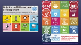 https://www.un.org/sustainabledevelopment/fr/objectifs-de-developpement-durable/
Accents sur environnement,
inégalités, paix, justice,
communautés, …
 