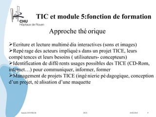 TIC et module 5:fonction de formation Approche théorique Ecriture et lecture multimédia interactives (sons et images) Repérage des acteurs impliqués dans un projet TICE, leurs compétences et leurs besoins ( utilisateurs- concepteurs) Identification de différents usages possibles des TICE (CD-Rom, internet…) pour communiquer, informer, former Management de projets TICE (ingénierie pédagogique, conception d’un projet, réalisation d’une maquette Annick COUVREUR IFCS   10/02/2010  9 