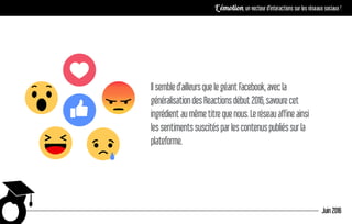 Ilsembled’ailleursquelegéantFacebook,avecla
généralisationdesReactionsdébut2016,savourecet
ingrédientaumêmetitrequenous.Leréseauaffineainsi
lessentimentssuscitésparlescontenuspubliéssurla
plateforme.
Juin 2016
L’émotion, un vecteur d’interactions sur les réseaux sociaux !
 