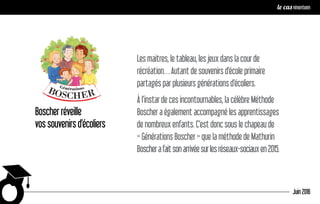 Boscher réveille
vos souvenirs d’écoliers
Les maitres, le tableau, les jeux dans la cour de
récréation… Autant de souvenirs d’école primaire
partagés par plusieurs générations d’écoliers.
À l’instar de ces incontournables, la célèbre Méthode
Boscher a également accompagné les apprentissages
de nombreux enfants. C’est donc sous le chapeau de
« Générations Boscher » que la méthode de Mathurin
Boscherafaitsonarrivéesurlesréseaux-sociauxen2015.
Juin 2016
le cas ninenteen
 