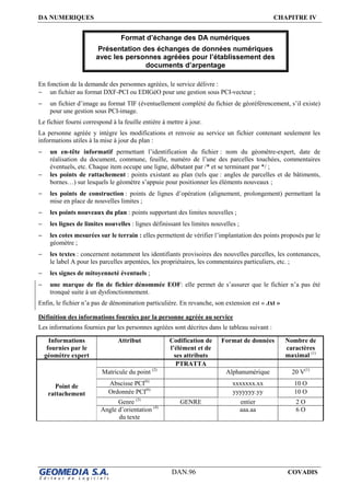 DA NUMERIQUES CHAPITRE IV
DAN.96 COVADIS
Format d’échange des DA numériques
Présentation des échanges de données numériques
avec les personnes agréées pour l’établissement des
documents d’arpentage
En fonction de la demande des personnes agréées, le service délivre :
− un fichier au format DXF-PCI ou EDIGéO pour une gestion sous PCI-vecteur ;
− un fichier d’image au format TIF (éventuellement complété du fichier de géoréférencement, s’il existe)
pour une gestion sous PCI-image.
Le fichier fourni correspond à la feuille entière à mettre à jour.
La personne agréée y intègre les modifications et renvoie au service un fichier contenant seulement les
informations utiles à la mise à jour du plan :
− un en-tête informatif permettant l’identification du fichier : nom du géomètre-expert, date de
réalisation du document, commune, feuille, numéro de l’une des parcelles touchées, commentaires
éventuels, etc. Chaque item occupe une ligne, débutant par /* et se terminant par */ ;
− les points de rattachement : points existant au plan (tels que : angles de parcelles et de bâtiments,
bornes…) sur lesquels le géomètre s’appuie pour positionner les éléments nouveaux ;
− les points de construction : points de lignes d’opération (alignement, prolongement) permettant la
mise en place de nouvelles limites ;
− les points nouveaux du plan : points supportant des limites nouvelles ;
− les lignes de limites nouvelles : lignes définissant les limites nouvelles ;
− les cotes mesurées sur le terrain : elles permettent de vérifier l’implantation des points proposés par le
géomètre ;
− les textes : concernent notamment les identifiants provisoires des nouvelles parcelles, les contenances,
le label A pour les parcelles arpentées, les propriétaires, les commentaires particuliers, etc. ;
− les signes de mitoyenneté éventuels ;
− une marque de fin de fichier dénommée EOF: elle permet de s’assurer que le fichier n’a pas été
tronqué suite à un dysfonctionnement.
Enfin, le fichier n’a pas de dénomination particulière. En revanche, son extension est « .txt »
Définition des informations fournies par la personne agréée au service
Les informations fournies par les personnes agréées sont décrites dans le tableau suivant :
Informations
fournies par le
géomètre expert
Attribut Codification de
l’élément et de
ses attributs
Format de données Nombre de
caractères
maximal (1)
PTRATTA
Matricule du point (2)
Alphanumérique 20 V(1)
Abscisse PCI(6)
xxxxxxx.xx 10 O
Ordonnée PCI(6)
yyyyyyy.yy 10 O
Genre (3)
GENRE entier 2 O
Point de
rattachement
Angle d’orientation (4)
du texte
aaa.aa 6 O
 