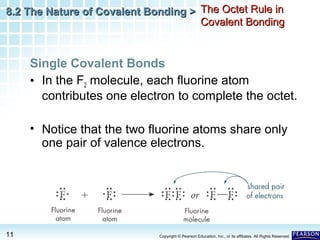 8.2 The Nature of Covalent Bonding > The Octet Rule in
Covalent Bonding

Single Covalent Bonds
• In the F2 molecule, each fluorine atom
contributes one electron to complete the octet.
• Notice that the two fluorine atoms share only
one pair of valence electrons.

11

Copyright © Pearson Education, Inc., or its affiliates. All Rights Reserved.

 