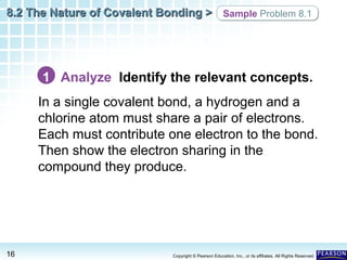 8.2 The Nature of Covalent Bonding > Sample Problem 8.1

1 Analyze Identify the relevant concepts.
In a single covalent bond, a hydrogen and a
chlorine atom must share a pair of electrons.
Each must contribute one electron to the bond.
Then show the electron sharing in the
compound they produce.

16

Copyright © Pearson Education, Inc., or its affiliates. All Rights Reserved.

 