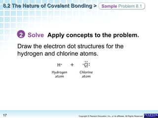 8.2 The Nature of Covalent Bonding > Sample Problem 8.1

2 Solve Apply concepts to the problem.
Draw the electron dot structures for the
hydrogen and chlorine atoms.

17

Copyright © Pearson Education, Inc., or its affiliates. All Rights Reserved.

 