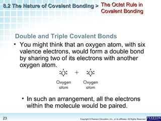 8.2 The Nature of Covalent Bonding > The Octet Rule in
Covalent Bonding

Double and Triple Covalent Bonds
• You might think that an oxygen atom, with six
valence electrons, would form a double bond
by sharing two of its electrons with another
oxygen atom.

• In such an arrangement, all the electrons
within the molecule would be paired.
23

Copyright © Pearson Education, Inc., or its affiliates. All Rights Reserved.

 