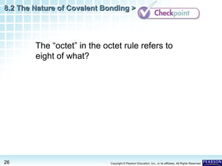 8.2 The Nature of Covalent Bonding >

The “octet” in the octet rule refers to
eight of what?

26

Copyright © Pearson Education, Inc., or its affiliates. All Rights Reserved.

 