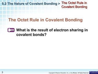 8.2 The Nature of Covalent Bonding > The Octet Rule in
Covalent Bonding

The Octet Rule in Covalent Bonding
What is the result of electron sharing in
covalent bonds?

3

Copyright © Pearson Education, Inc., or its affiliates. All Rights Reserved.

 