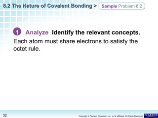 8.2 The Nature of Covalent Bonding > Sample Problem 8.2

1 Analyze Identify the relevant concepts.
Each atom must share electrons to satisfy the
octet rule.

32

Copyright © Pearson Education, Inc., or its affiliates. All Rights Reserved.

 