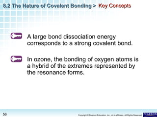 8.2 The Nature of Covalent Bonding > Key Concepts

A large bond dissociation energy
corresponds to a strong covalent bond.
In ozone, the bonding of oxygen atoms is
a hybrid of the extremes represented by
the resonance forms.

56

Copyright © Pearson Education, Inc., or its affiliates. All Rights Reserved.

 