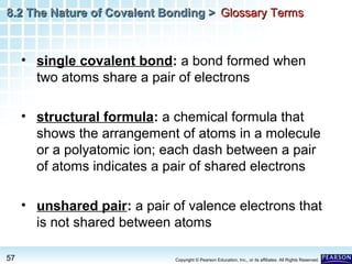 8.2 The Nature of Covalent Bonding > Glossary Terms

• single covalent bond: a bond formed when
two atoms share a pair of electrons
• structural formula: a chemical formula that
shows the arrangement of atoms in a molecule
or a polyatomic ion; each dash between a pair
of atoms indicates a pair of shared electrons
• unshared pair: a pair of valence electrons that
is not shared between atoms
57

Copyright © Pearson Education, Inc., or its affiliates. All Rights Reserved.

 