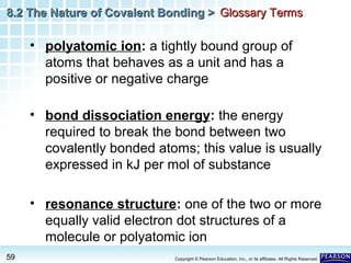 8.2 The Nature of Covalent Bonding > Glossary Terms

• polyatomic ion: a tightly bound group of
atoms that behaves as a unit and has a
positive or negative charge
• bond dissociation energy: the energy
required to break the bond between two
covalently bonded atoms; this value is usually
expressed in kJ per mol of substance
• resonance structure: one of the two or more
equally valid electron dot structures of a
molecule or polyatomic ion
59

Copyright © Pearson Education, Inc., or its affiliates. All Rights Reserved.

 