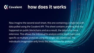 Now imagine the second excel sheet, this one containing a single tab with
data pulled using the Covalent API. This sheet contains anything that has
happened on public blockchains and as a result, the data is far more
extensive. This allows the individual to analyze entire blockchains and
specific or multiple protocols using the single tab referenced. The
individual’s imagination only limits the possibilities for analysis.
how does it works
 
