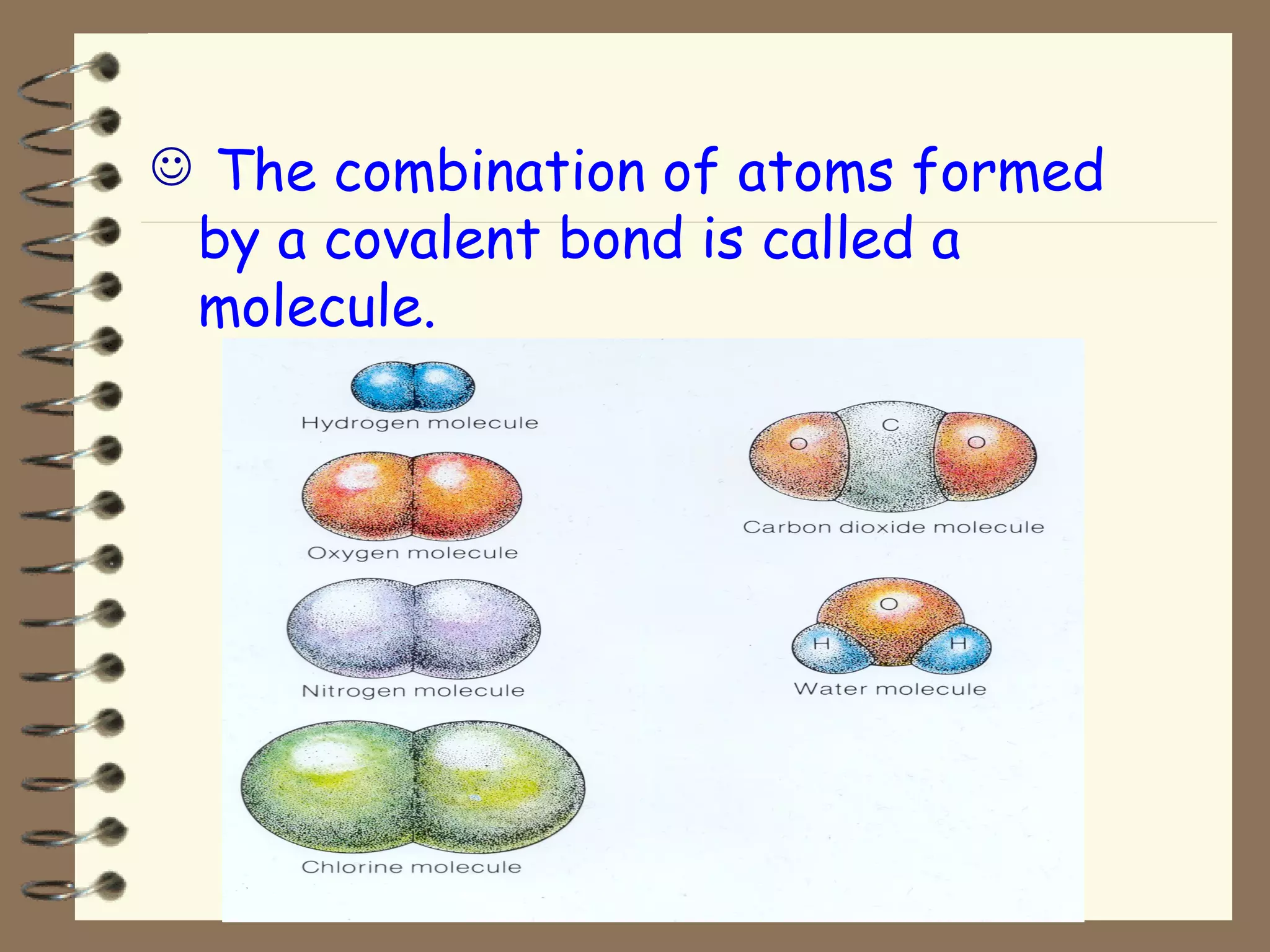 The combination of atoms formed by a covalent bond is called a molecule. 