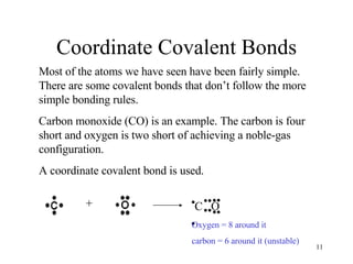 Coordinate Covalent Bonds Most of the atoms we have seen have been fairly simple. There are some covalent bonds that don’t follow the more simple bonding rules. Carbon monoxide (CO) is an example. The carbon is four short and oxygen is two short of achieving a noble-gas configuration. A coordinate covalent bond is used. + Oxygen = 8 around it carbon = 6 around it (unstable) C  O •• •• • • •• •• 