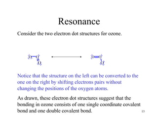 Resonance Consider the two electron dot structures for ozone. Notice that the structure on the left can be converted to the one on the right by shifting electrons pairs without changing the positions of the oxygen atoms. As drawn, these electron dot structures suggest that the bonding in ozone consists of one single coordinate covalent bond and one double covalent bond. 