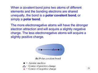 When a covalent bond joins two atoms of different elements and the bonding electrons are shared unequally, the bond is a  polar covalent bond , or simply a  polar bond . The more electronegative atoms will have the stronger electron attraction and will acquire a slightly negative charge. The less electronegative atoms will acquire a slightly positive charge. 