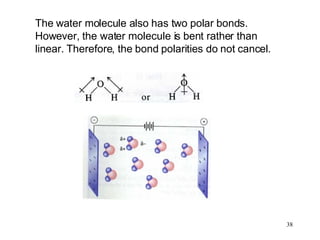 The water molecule also has two polar bonds. However, the water molecule is bent rather than linear. Therefore, the bond polarities do not cancel. 