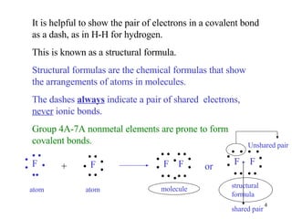 It is helpful to show the pair of electrons in a covalent bond as a dash, as in H-H for hydrogen. This is known as a structural formula. Structural formulas are the chemical formulas that show the arrangements of atoms in molecules. The dashes  always  indicate a pair of shared  electrons,  never  ionic bonds. Group 4A-7A nonmetal elements are prone to form covalent bonds. + or • • F •  • •• atom • •  • • • F • • atom • F  F • • •  • • • • •  • • • •  • • molecule • • structural formula • • •  •  •  • • •  • • F -  F Unshared pair shared pair 
