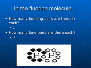 In the fluorine molecule… How many bonding pairs are there in each? 1 How many lone pairs are there each? 3 