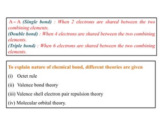 A ̶ A (Single bond) : When 2 electrons are shared between the two
combining elements.
(Double bond) : When 4 electrons are shared between the two combining
elements.
(Triple bond) : When 6 electrons are shared between the two combining
elements.
To explain nature of chemical bond, different theories are given
(i) Octet rule
(ii) Valence bond theory
(iii) Valence shell electron pair repulsion theory
(iv) Molecular orbital theory.
 