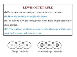 LEWIS OCTET RULE
(I) Every atom has a tendency to complete its octet outermost.
(II) H has the tendency to complete its duplet.
(III) To acquire inert gas configuration atoms loose or gain electron or
share electron.
(IV) The tendency of atoms to achieve eight electrons in their outer
most shell is known as Lewis octet rule.
 
