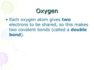 Oxygen Each oxygen atom gives  two  electrons to be shared, so this makes two covalent bonds (called a  double bond ). 