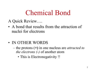 Chemical Bond
A Quick Review….
• A bond that results from the attraction of
nuclei for electrons
• IN OTHER WORDS
– the protons (+) in one nucleus are attracted to
the electrons (-) of another atom
• This is Electronegativity !!
2
 