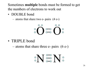 Sometimes multiple bonds must be formed to get
the numbers of electrons to work out
• DOUBLE bond
– atoms that share two e- pairs (4 e-)
O O
• TRIPLE bond
– atoms that share three e- pairs (6 e-)
N N 26
 