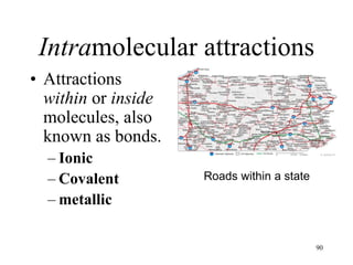 • Attractions
within or inside
molecules, also
known as bonds.
– Ionic
– Covalent
– metallic
Intramolecular attractions
90
Roads within a state
 