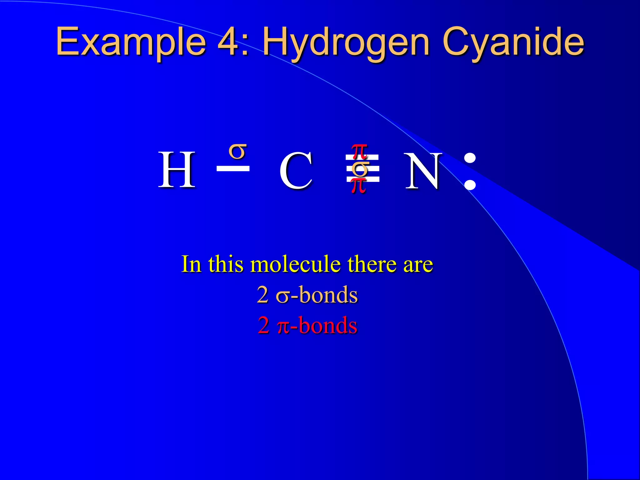 Example 4: Hydrogen Cyanide
H N
C
In this molecule there are
s
s
p
p
2 s-bonds
2 p-bonds
 
