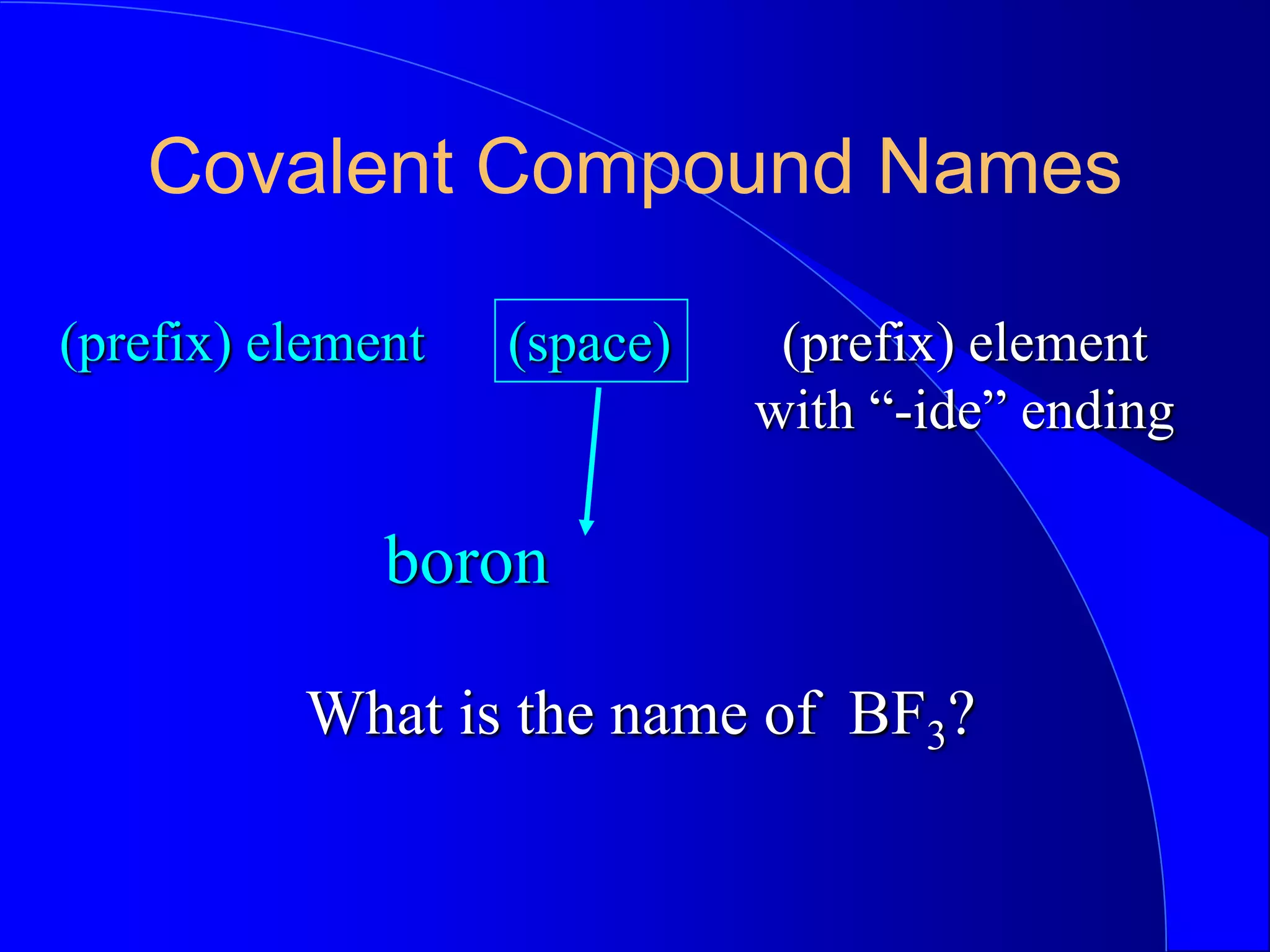 Covalent Compound Names
(prefix) element (prefix) element
with “-ide” ending
(space)
What is the name of BF3?
boron
 