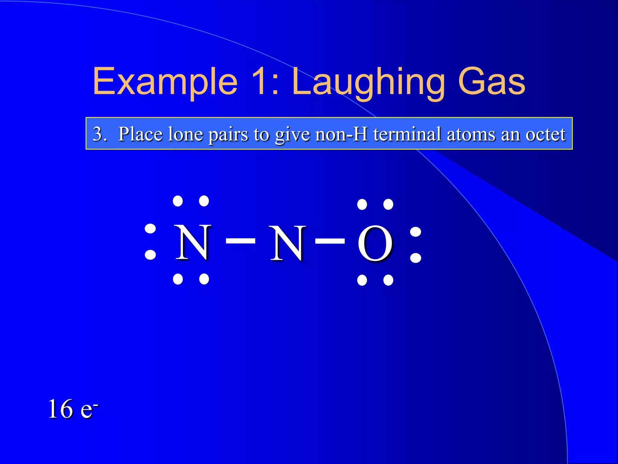Example 1: Laughing Gas
3. Place lone pairs to give non-H terminal atoms an octet
N
N O
16 e-
 