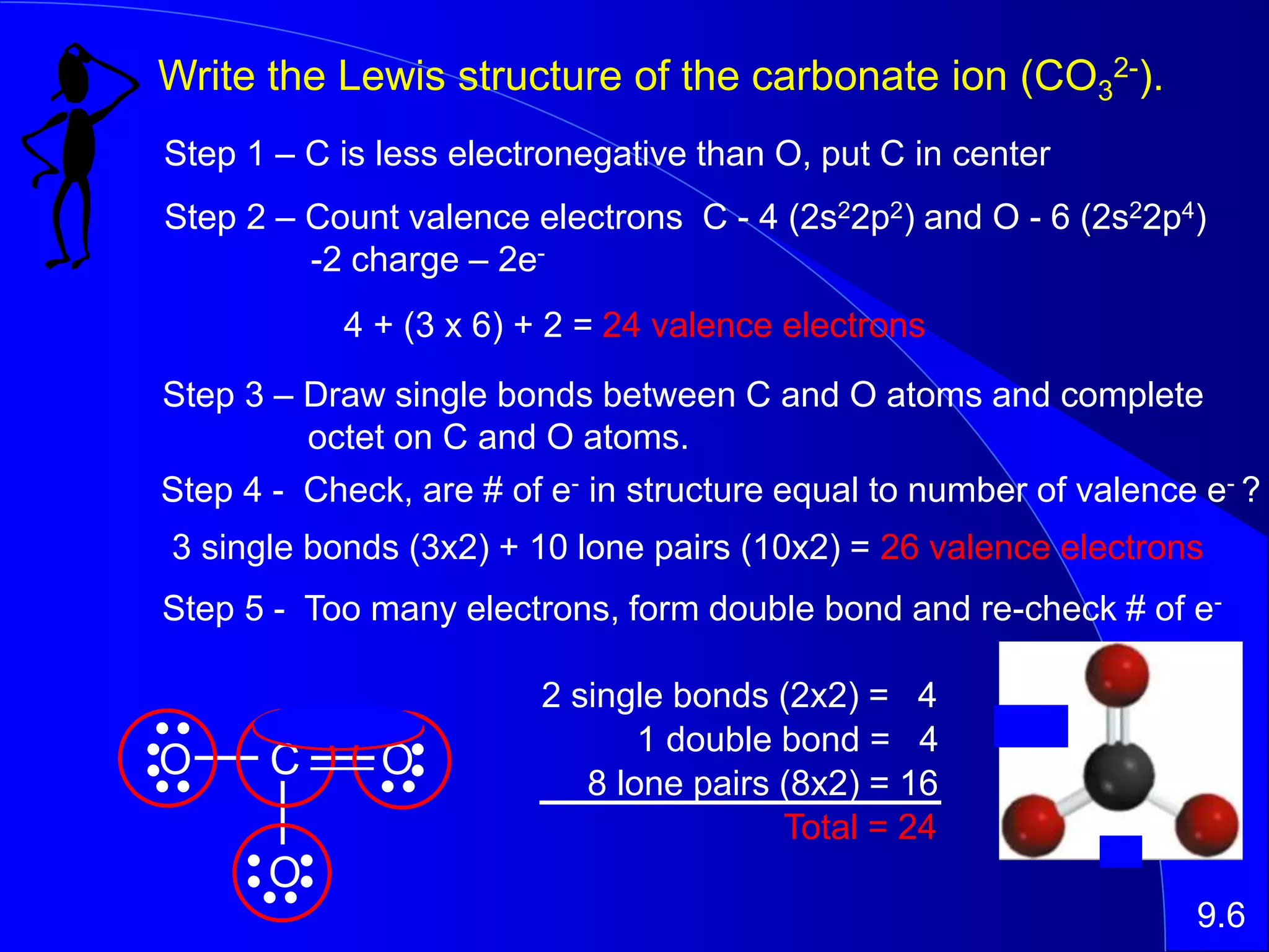Write the Lewis structure of the carbonate ion (CO3
2-).
Step 1 – C is less electronegative than O, put C in center
O C O
O
Step 2 – Count valence electrons C - 4 (2s22p2) and O - 6 (2s22p4)
-2 charge – 2e-
4 + (3 x 6) + 2 = 24 valence electrons
Step 3 – Draw single bonds between C and O atoms and complete
octet on C and O atoms.
Step 4 - Check, are # of e- in structure equal to number of valence e- ?
3 single bonds (3x2) + 10 lone pairs (10x2) = 26 valence electrons
9.6
Step 5 - Too many electrons, form double bond and re-check # of e-
2 single bonds (2x2) = 4
1 double bond = 4
8 lone pairs (8x2) = 16
Total = 24
 