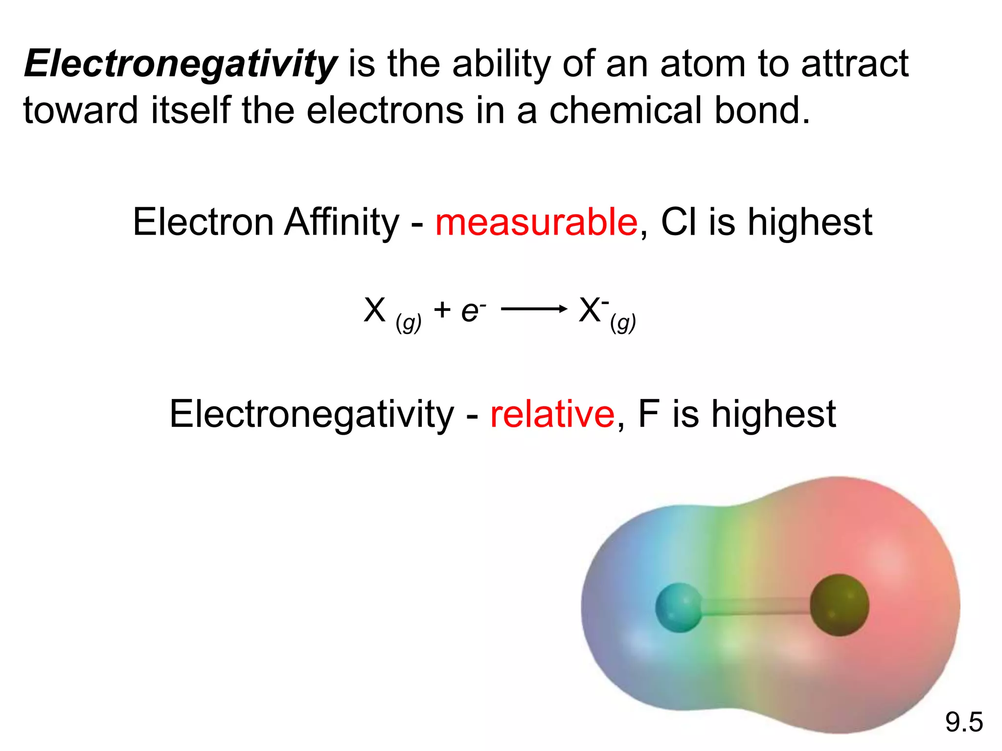 Electronegativity is the ability of an atom to attract
toward itself the electrons in a chemical bond.
Electron Affinity - measurable, Cl is highest
Electronegativity - relative, F is highest
X (g) + e- X-
(g)
9.5
 