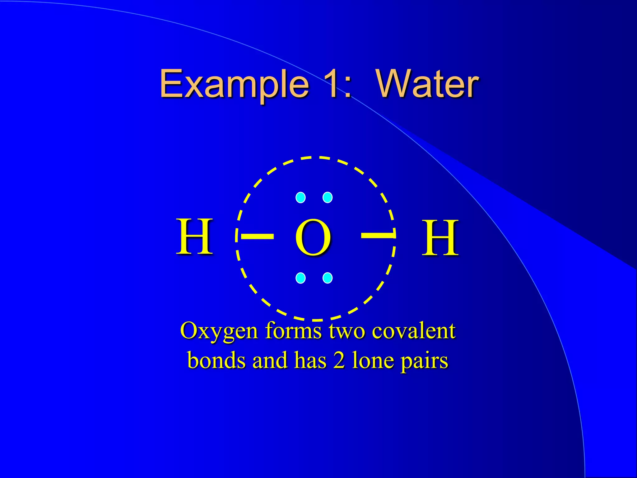 Example 1: Water
H H
O
Oxygen forms two covalent
bonds and has 2 lone pairs
 