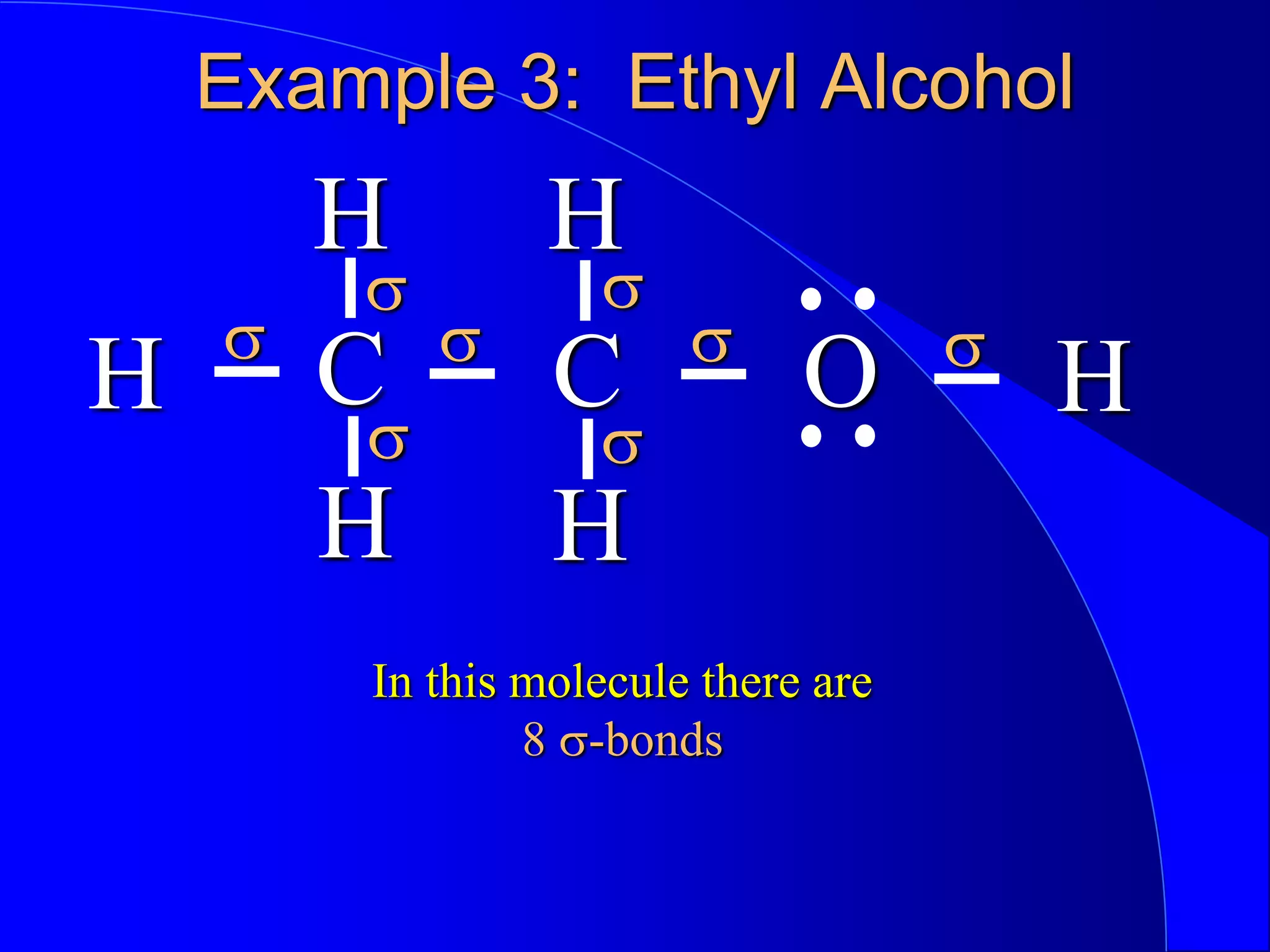 Example 3: Ethyl Alcohol
C O
C
In this molecule there are
s
H H
s s
H H
H H
s
s s
s s
8 s-bonds
 