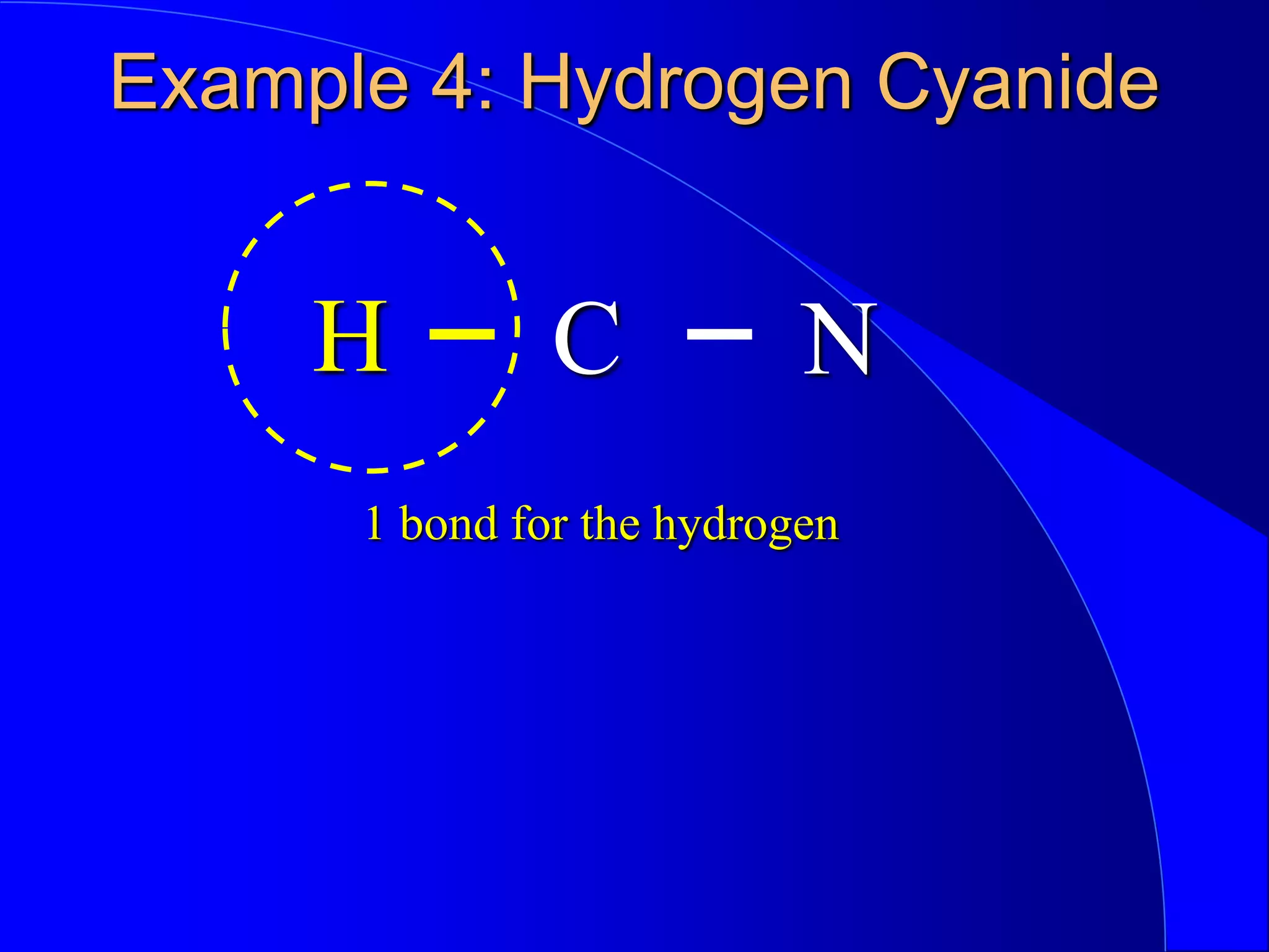 Example 4: Hydrogen Cyanide
H N
C
1 bond for the hydrogen
 