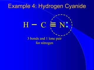 Example 4: Hydrogen Cyanide
H N
C
3 bonds and 1 lone pair
for nitrogen
 
