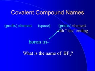 Covalent Compound Names
(prefix) element (prefix) element
with “-ide” ending
(space)
What is the name of BF3?
boron tri-
 