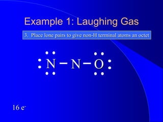 Example 1: Laughing Gas
3. Place lone pairs to give non-H terminal atoms an octet
N
N O
16 e-
 
