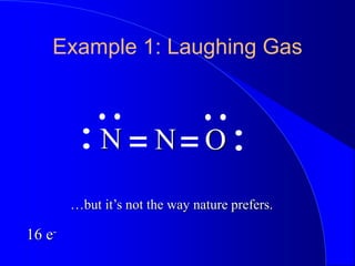 Example 1: Laughing Gas
N
N O
…but it’s not the way nature prefers.
16 e-
 