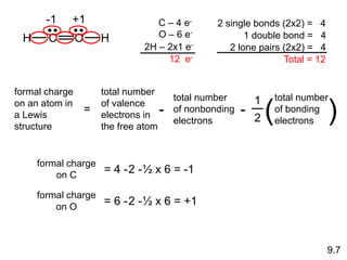H C O H
C – 4 e-
O – 6 e-
2H – 2x1 e-
12 e-
2 single bonds (2x2) = 4
1 double bond = 4
2 lone pairs (2x2) = 4
Total = 12
formal charge
on C
= 4 -2 -½ x 6 = -1
formal charge
on O
= 6 -2 -½ x 6 = +1
formal charge
on an atom in
a Lewis
structure
=
1
2
total number
of bonding
electrons
( )
total number
of valence
electrons in
the free atom
-
total number
of nonbonding
electrons
-
-1 +1
9.7
 
