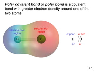 H F F
H
Polar covalent bond or polar bond is a covalent
bond with greater electron density around one of the
two atoms
electron rich
region
electron poor
region e- rich
e- poor
d+ d-
9.5
 