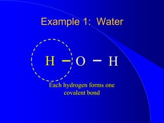 Example 1: Water
H H
O
Each hydrogen forms one
covalent bond
 