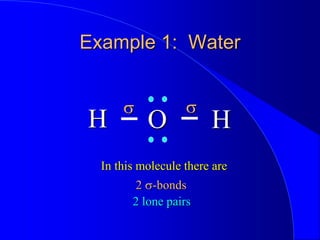 Example 1: Water
H H
O
s s
2 s-bonds
In this molecule there are
2 lone pairs
 