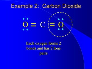 Example 2: Carbon Dioxide
O O
C
Each oxygen forms 2
bonds and has 2 lone
pairs
 