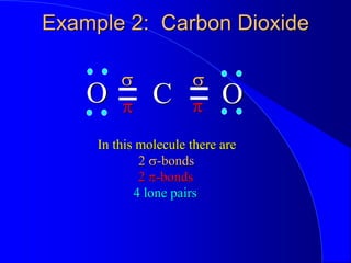 Example 2: Carbon Dioxide
O O
C
In this molecule there are
s s
p p
2 s-bonds
2 p-bonds
4 lone pairs
 