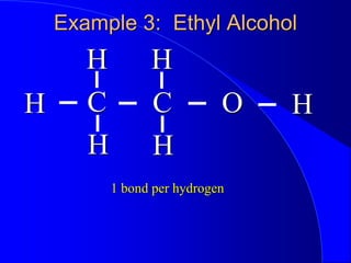 Example 3: Ethyl Alcohol
C O
C
1 bond per hydrogen
H H
H H
H H
 